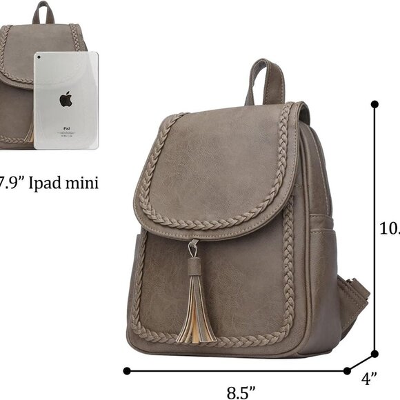 Small Synthetic Leather Backpack Purse for Women with Tassel Casual Khaki - Picture 4 of 5